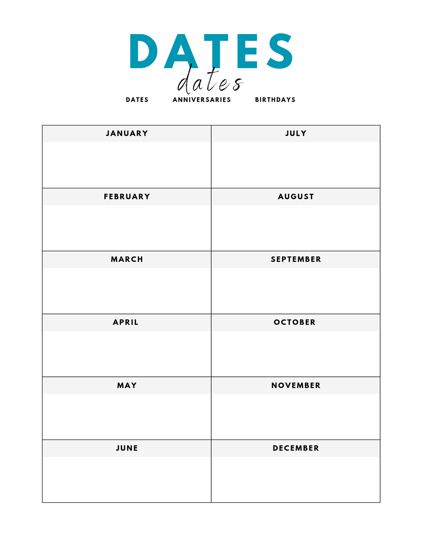 Sample yearly date sheets