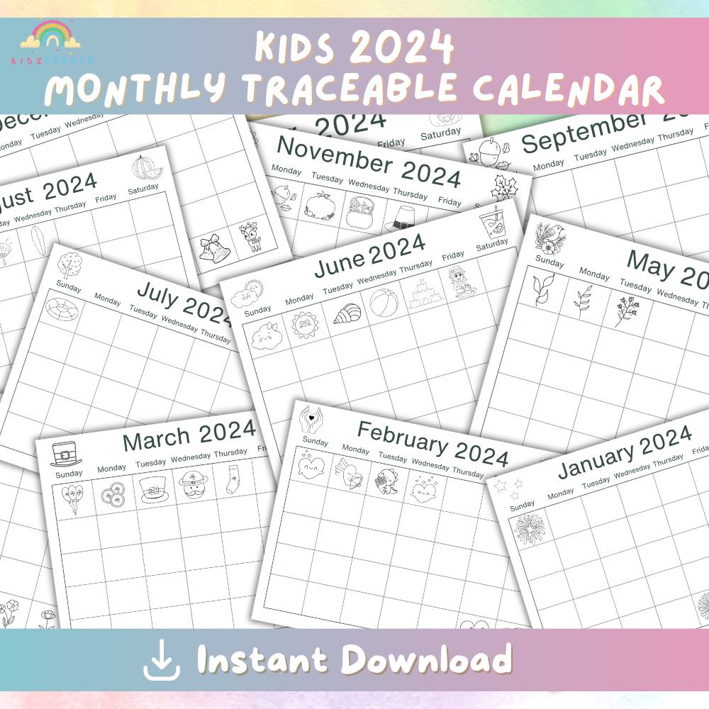 Kids 2024 Traceable Monthly Calendar, Printable Calendar