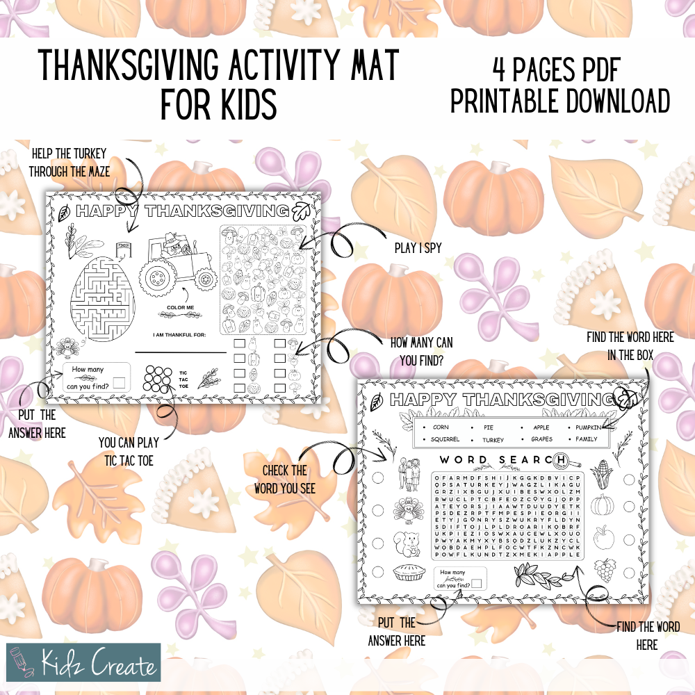 Thanksgiving Activity Mat for Kids, Printable