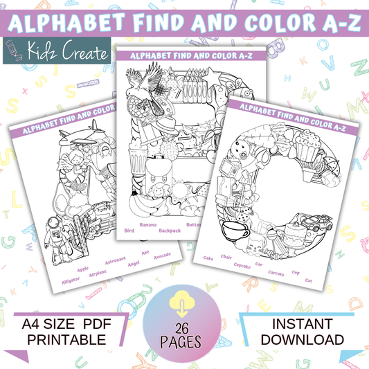 Alphabet find and color, printable 